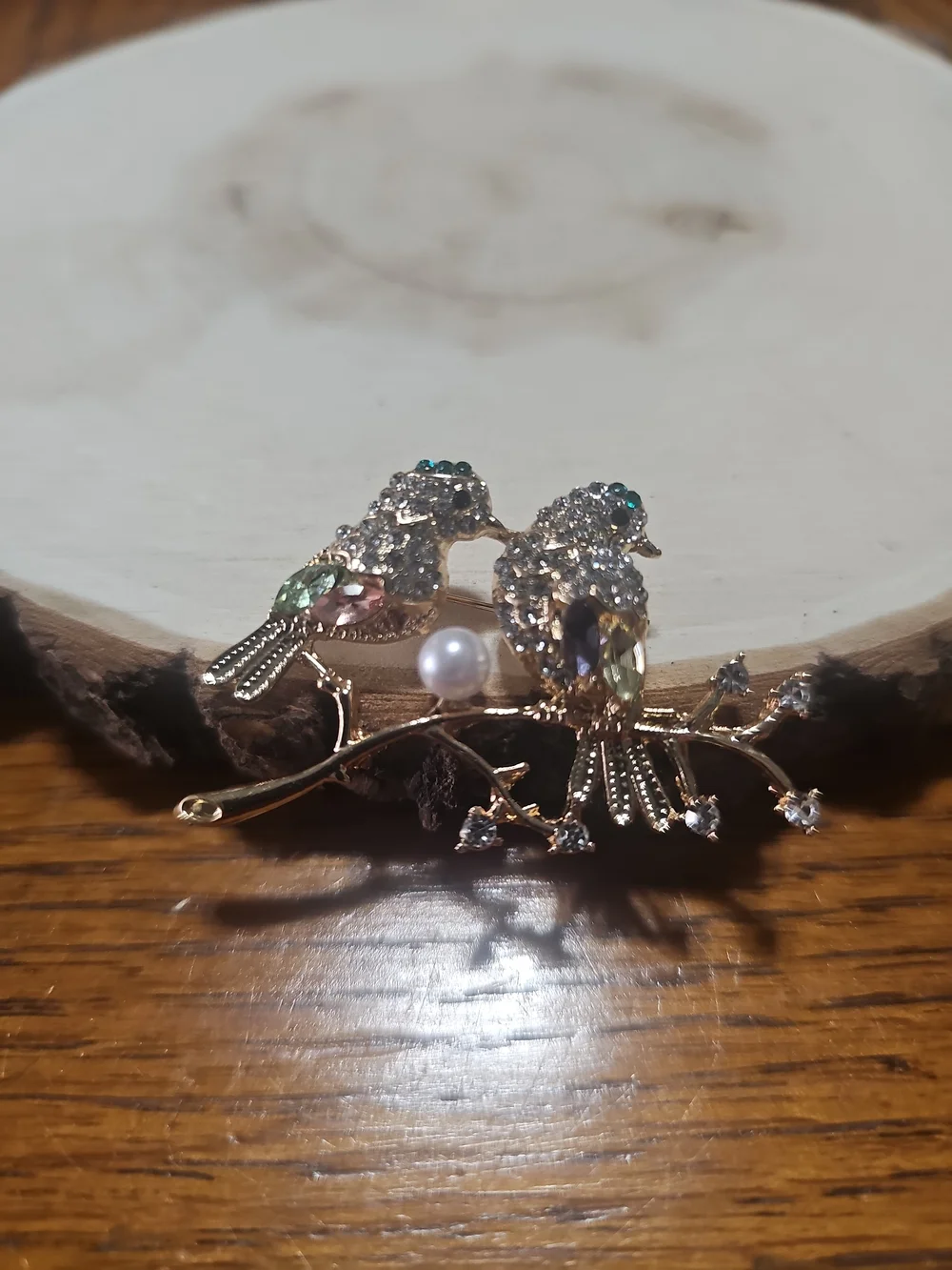 Gold-Tone Crystal Bird Brooch with Pearls and Multicolor Stones